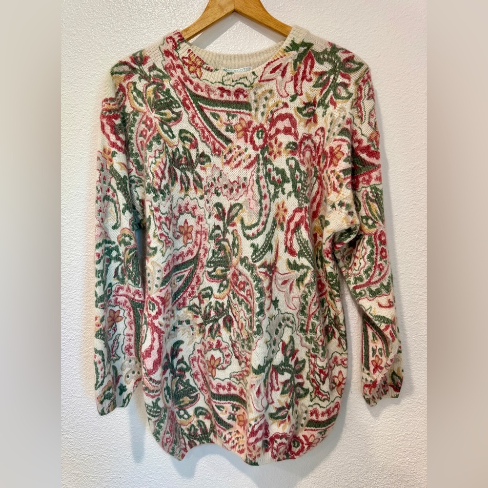 Vintage Women’s Floral Paisley Cream Pink Green Silk Angora Crewneck Sweater M